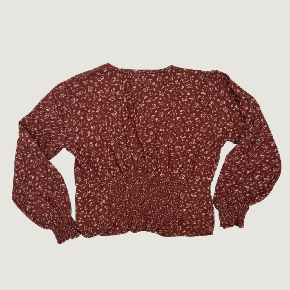 Abercrombie & Fitch Blouse XL Floral Button Front Peplum Rust Red Boho Crepe - Picture 2 of 6